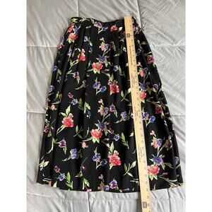 Vintage Appleseeds black floral‎ pleated midi skirt size 4 petite